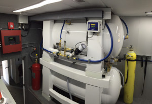 View of Mobile Equine Hyperbaric Therapy (MEHOT) plant room showing Air Receiver and Deluge Tank